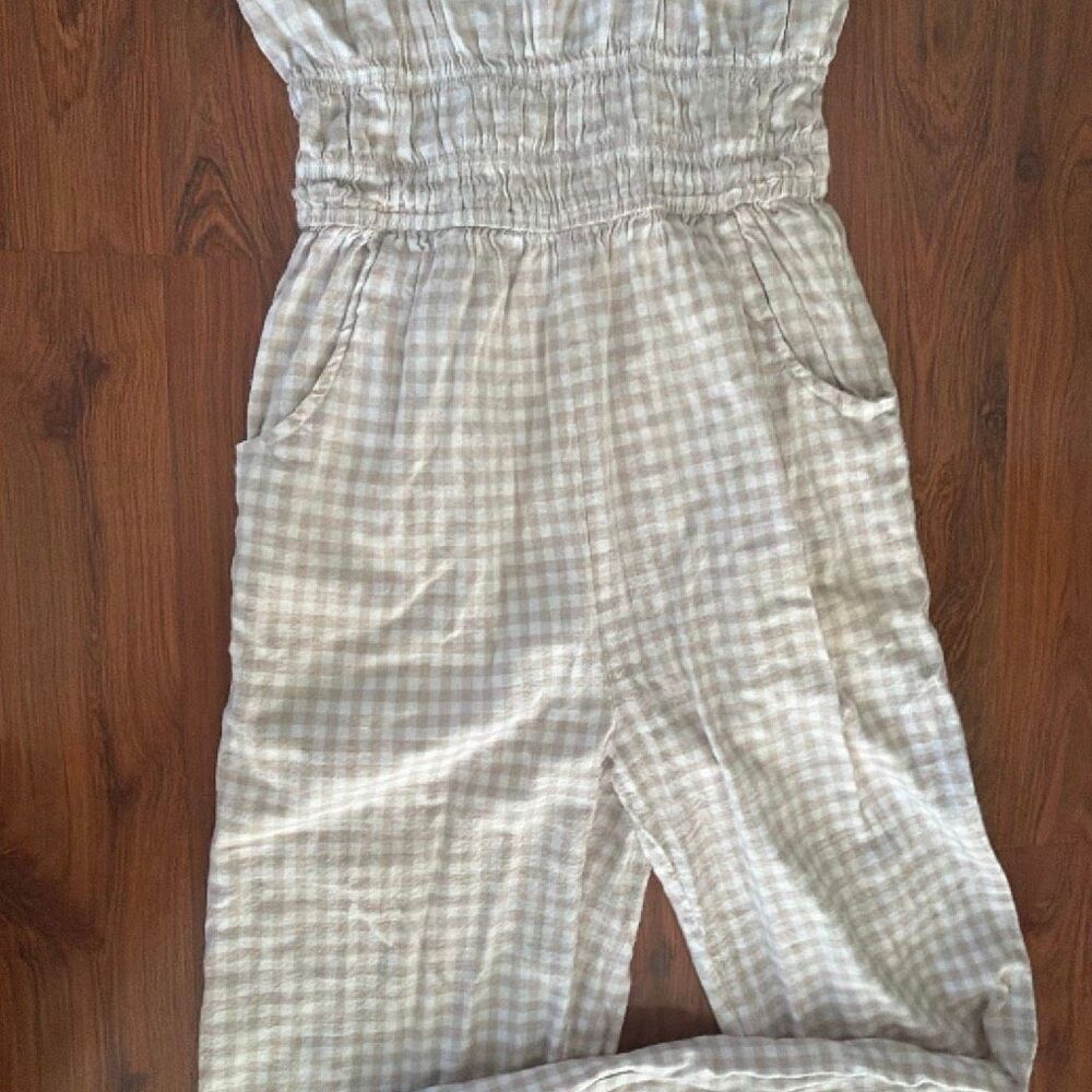 Sincerely Jules gingham 100% cotton tan white pants jumper jumpsuit spaghetti st - Picture 3 of 5